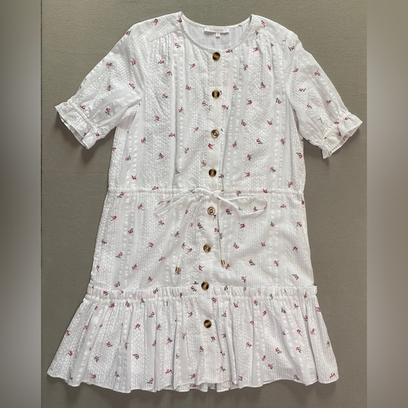 Olivaceous Dress Small Midi Button Front Drawstring Lined Waist Floral White New - Picture 4 of 14